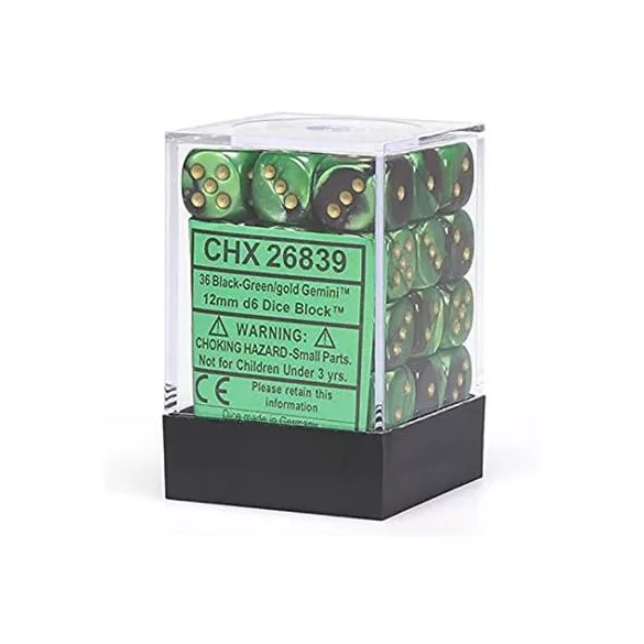 Chessex Gemini 12mm d6 Dice Blocks with pips Dice Blocks (36 Dice) - Black-Green w/gold-26839