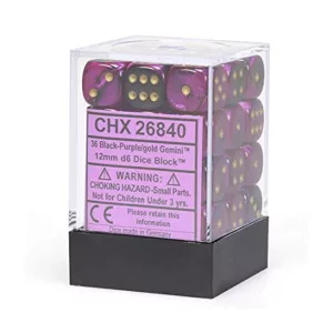 Chessex Gemini 12mm d6 Dice Blocks with pips Dice Blocks (36 Dice) - Black-Purple w/gold-26840