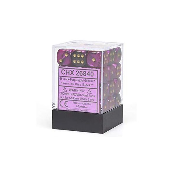 Chessex Gemini 12mm d6 Dice Blocks with pips Dice Blocks (36 Dice) - Black-Purple w/gold-26840