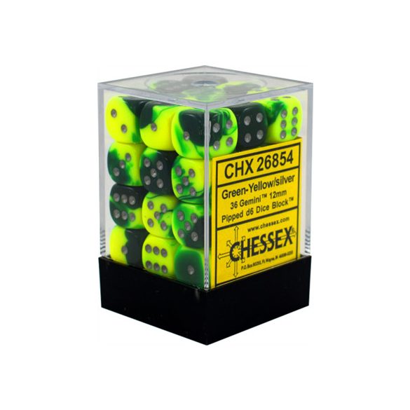 Chessex Gemini 12mm d6 Dice Blocks with pips Dice Blocks (36 Dice) - Green-Yellow w/silver-26854