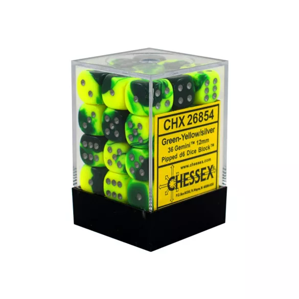 Chessex Gemini 12mm d6 Dice Blocks with pips Dice Blocks (36 Dice) - Green-Yellow w/silver-26854