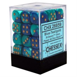 Chessex Gemini 12mm d6 Dice Blocks with pips Dice Blocks (36 Dice) - Blue-Teal w/gold-26859