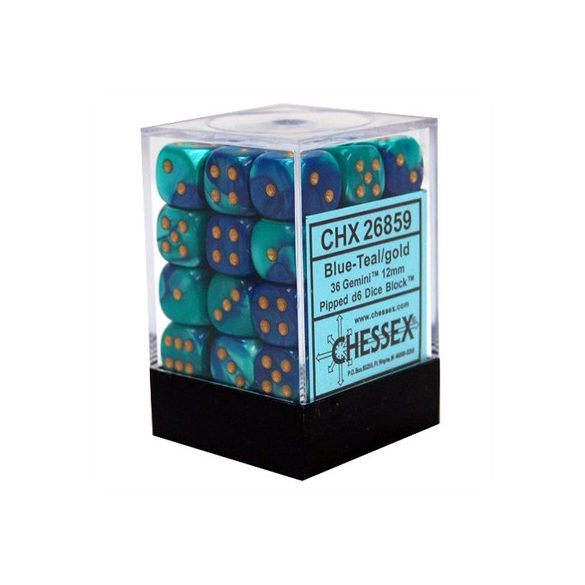Chessex Gemini 12mm d6 Dice Blocks with pips Dice Blocks (36 Dice) - Blue-Teal w/gold-26859