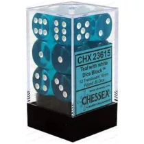Chessex Translucent 16mm d6 with pips Dice Blocks (12 Dice) - Teal w/white-23615