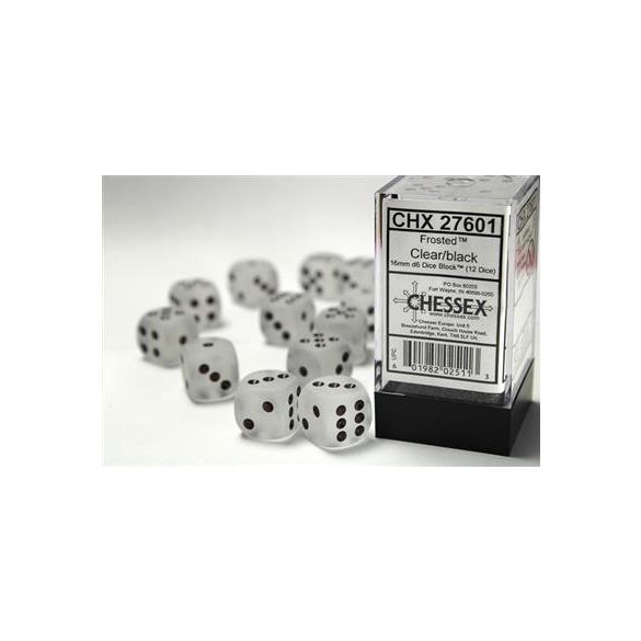 Chessex 16mm d6 with pips Dice Blocks (12 Dice) - Frosted Clear w/black-27601