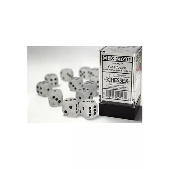Chessex 16mm d6 with pips Dice Blocks (12 Dice) - Frosted Clear w/black-27601