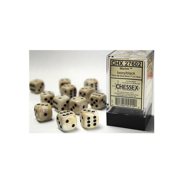 Chessex 16mm d6 with pips Dice Blocks (12 Dice) - Marble Ivory w/black-27602