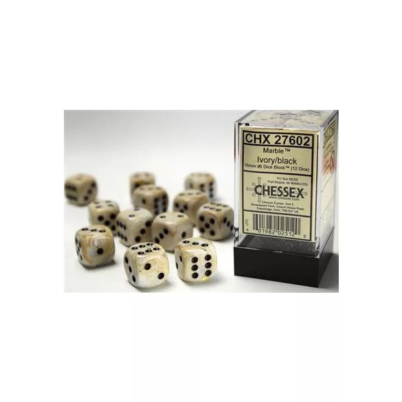 Chessex 16mm d6 with pips Dice Blocks (12 Dice) - Marble Ivory w/black-27602