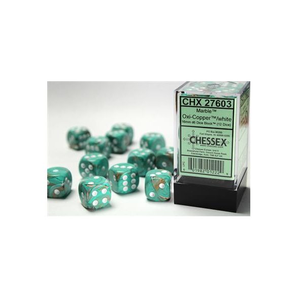Chessex 16mm d6 with pips Dice Blocks (12 Dice) - Marble Oxi‑Copper/white-27603