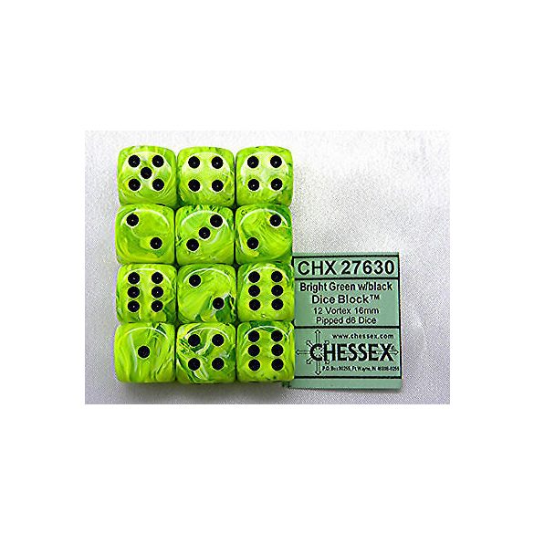 Chessex 16mm d6 with pips Dice Blocks (12 Dice) - Vortex Bright Green w/black-27630