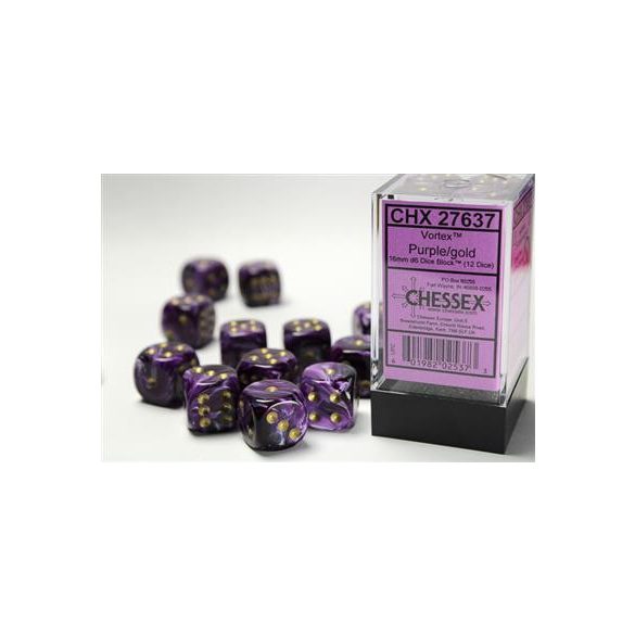 Chessex 16mm d6 with pips Dice Blocks (12 Dice) - Vortex Purple w/gold-27637