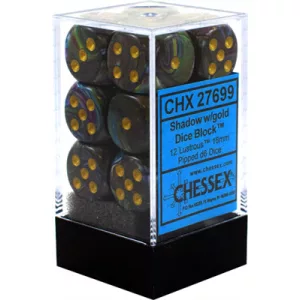 Chessex 16mm d6 with pips Dice Blocks (12 Dice) - Lustrous Shadow w/gold-27699