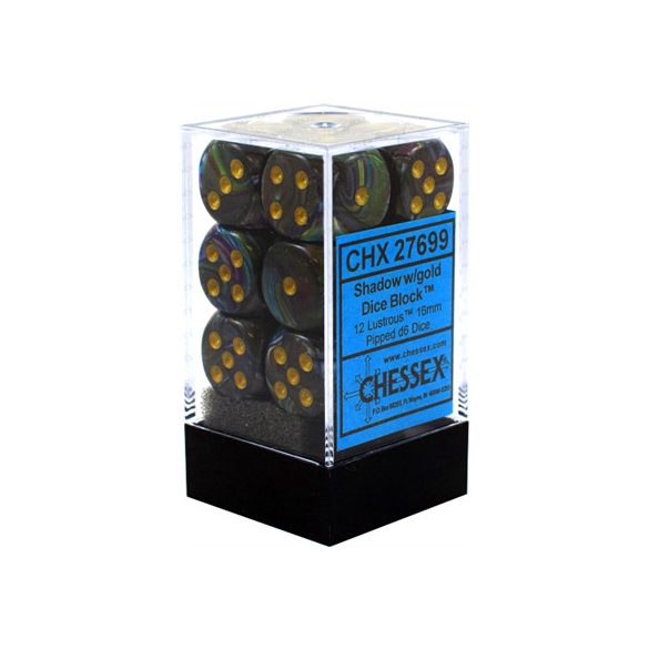 Chessex 16mm d6 with pips Dice Blocks (12 Dice) - Lustrous Shadow w/gold-27699