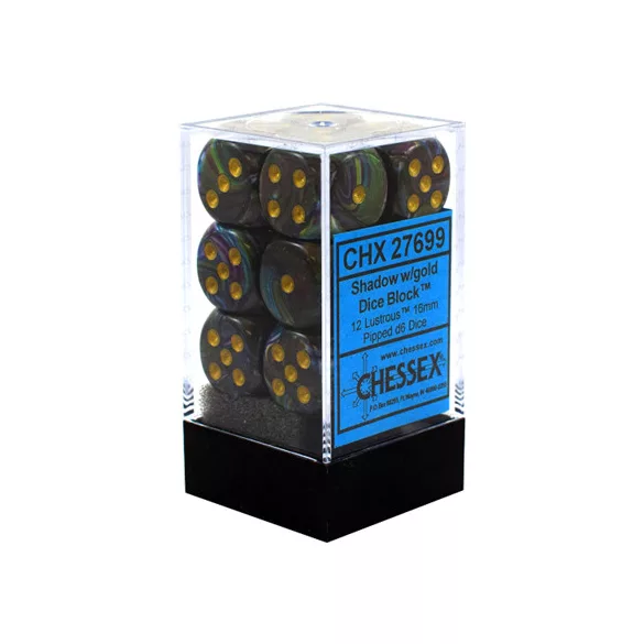 Chessex 16mm d6 with pips Dice Blocks (12 Dice) - Lustrous Shadow w/gold-27699