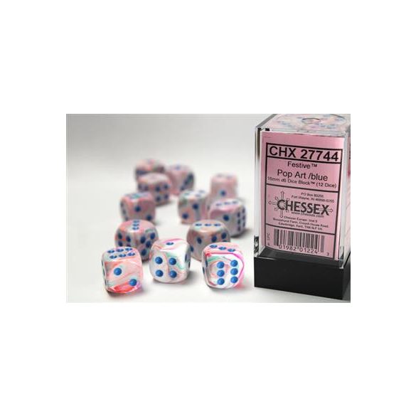 Chessex 16mm d6 with pips Dice Blocks (12 Dice) - Festive Polyhedral Pop Art /blue-27744