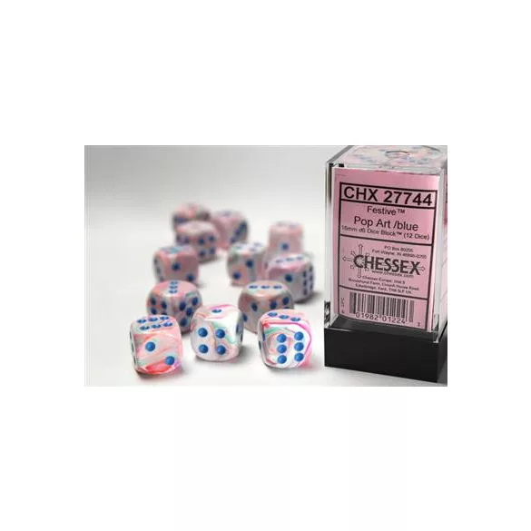 Chessex 16mm d6 with pips Dice Blocks (12 Dice) - Festive Polyhedral Pop Art /blue-27744