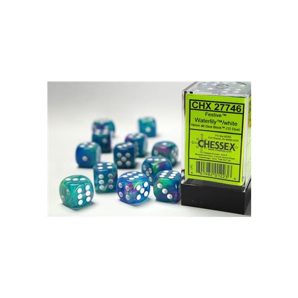 Chessex 16mm d6 with pips Dice Blocks (12 Dice) - Festive Waterlily/white-27746