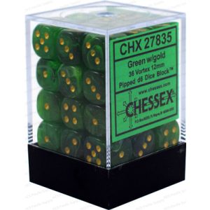 Chessex Signature 12mm d6 with pips Dice Blocks (36 Dice) - Vortex Green w/gold-27835