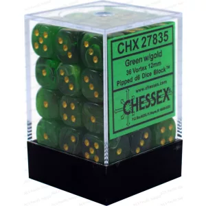 Chessex Signature 12mm d6 with pips Dice Blocks (36 Dice) - Vortex Green w/gold-27835