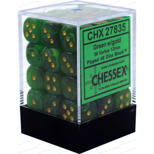 Chessex Signature 12mm d6 with pips Dice Blocks (36 Dice) - Vortex Green w/gold-27835