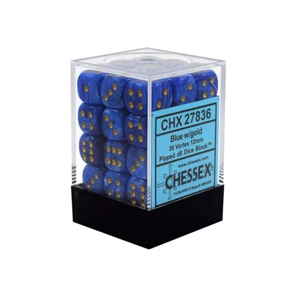 Chessex Signature 12mm d6 with pips Dice Blocks (36 Dice) - Vortex Blue w/gold-27836