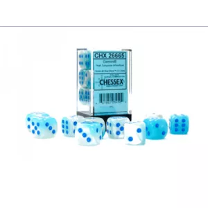 Gemini 16mm d6 Pearl Turquoise-White/blue Luminary Dice Block (12 dice)-26665