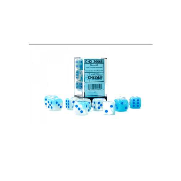 Gemini 16mm d6 Pearl Turquoise-White/blue Luminary Dice Block (12 dice)-26665