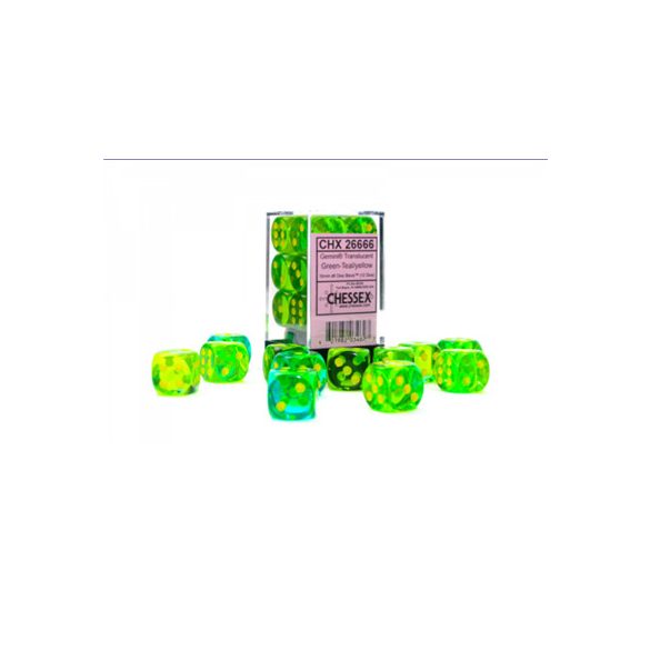 Gemini 16mm d6 Translucent Green-Teal/yellow Dice Block (12 dice)-26666