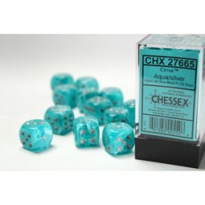 Dobókocka - hat oldalú - 16 mm - 12 darabos - vízkék/ezüst (Chessex)