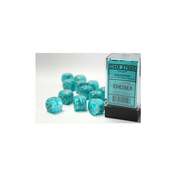 Dobókocka - hat oldalú - 16 mm - 12 darabos - vízkék/ezüst (Chessex)