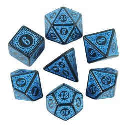 Dobókocka szett - 7 darabos - gravírozott, fekete/kék