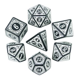 Dobókocka szett - 7 darabos - gravírozott, fekete/fehér