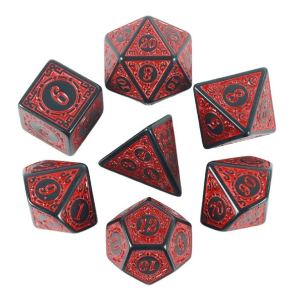 Dobókocka szett - 7 darabos - gravírozott, fekete/piros