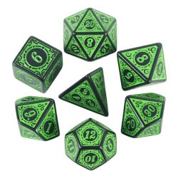 Dobókocka szett - 7 darabos - gravírozott, fekete/zöld