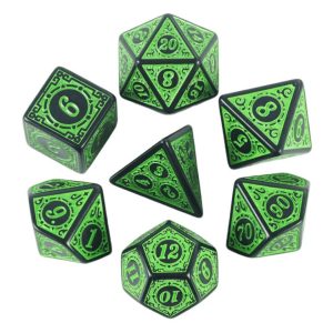 Dobókocka szett - 7 darabos - gravírozott, fekete/zöld