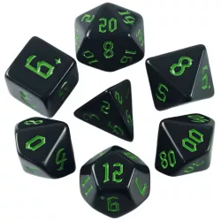   Dobókocka szett - 7 darabos - teli fekete, zöld fantasy számokkal