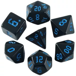 Dobókocka szett - 7 darabos - teli fekete, kék fantasy számokkal