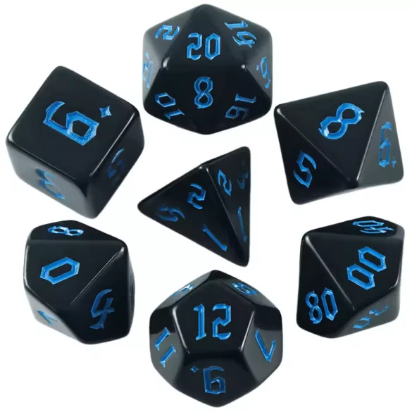 Dobókocka szett - 7 darabos - teli fekete, kék fantasy számokkal