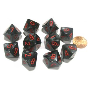 Dobókocka szett - teli fekete, piros számokkal (7 darabos)