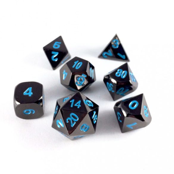 Dobókocka szett - teli fekete, kék számokkal (7 darabos)