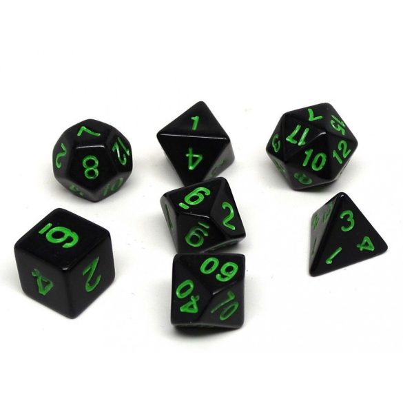 Dobókocka szett - teli fekete, zöld számokkal (7 darabos)