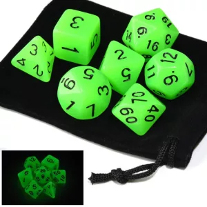Dobókocka szett - 7 darabos - zöld (világít a sötétben)