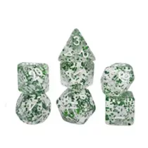 Dobókocka szett - 7 darabos - glitteres átlátszó zöld